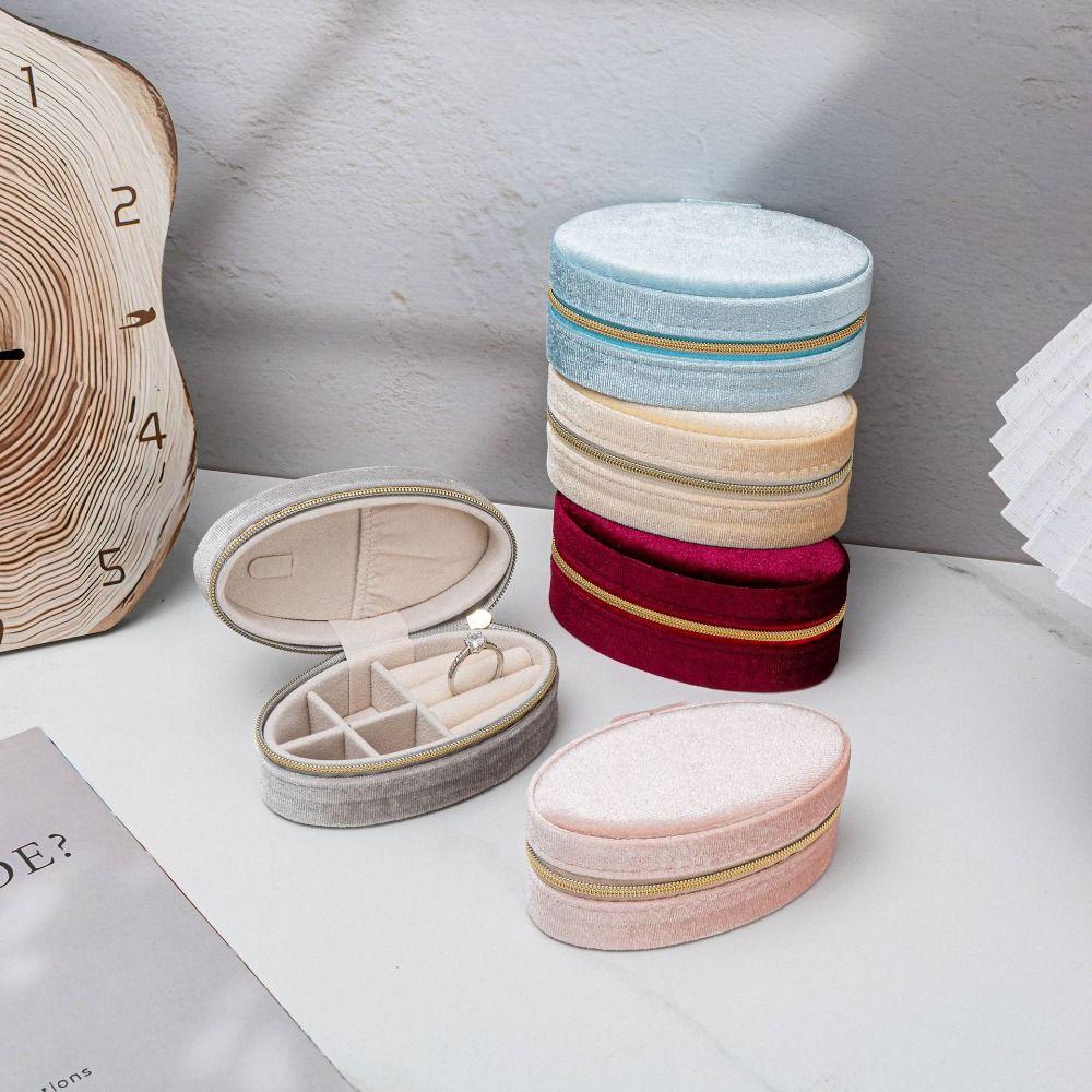 Portable Velvet Jewelry Display Box Oval Shape Ring Earring Necklace Box Daily Use