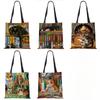 Customize Oil Painting Cat Print Womens Designer Tote Bags Linen Reusable Shopping Bag For Groceries Shoulder Bags for Lady 2020 Casually