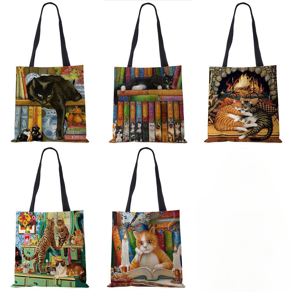 Customize Oil Painting Cat Print Womens Designer Tote Bags Linen Reusable Shopping Bag For Groceries Shoulder Bags for Lady 2020 Casually