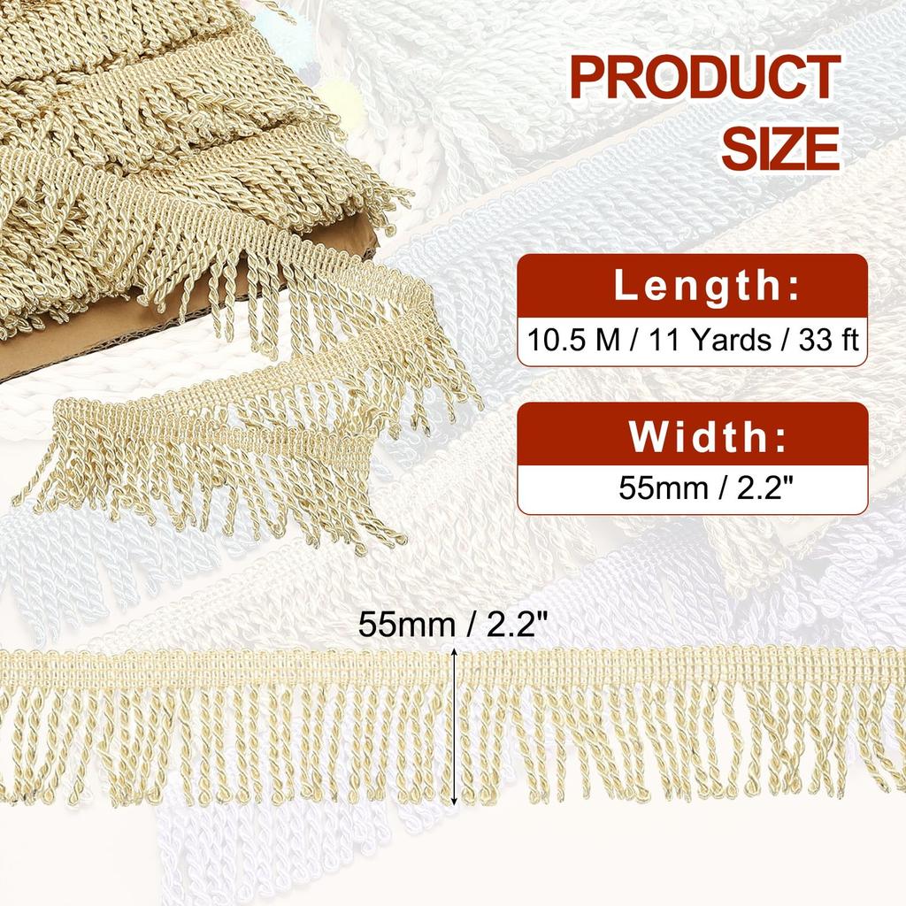 PATIKIL Light Gold Fringe Trim, 11 Yards x 55mm, Curtain Tassel Fabric Trim for Curtains, Sofas, Clothing, DIY Decorative Sewing