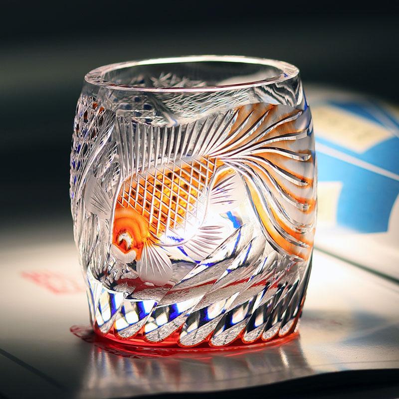 Goldfish Edo Kiriko Whiskey Glass 270Ml, Hand Engraved Color Overlay Crystal Tumbler For Whisky Vodka
