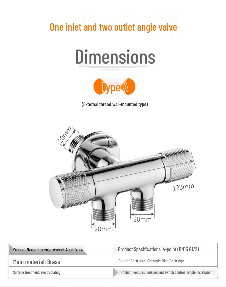 All-Copper Dual-Control Angle Valve Splitter for Toilet and Washing Machine