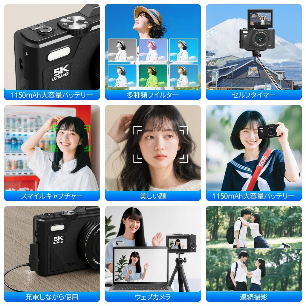 SRVR Digital Camera 5K Rotating 32GB Micro SD Card Recording, 75MP, Wi-Fi, 180-Degree Display,