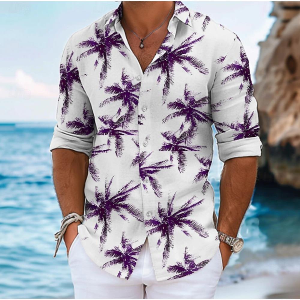 Men's Palm Tree Printed Long Sleeve Shirts Casual Cardigan New Button Holiday Fashion Shirts