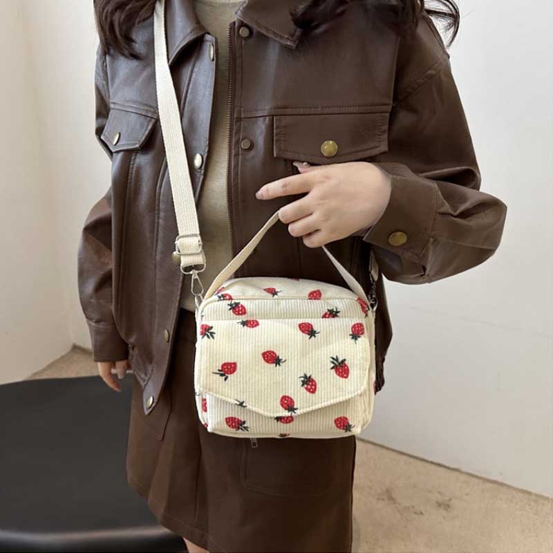 Cute Strawberry Printing Women’s Shoulder Bag Large Capacity Corduroy Hobos Crossbody Bag Female Shopping Work Date Party Bags