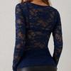 Women Tops V-Neck Long Sleeve See-through Lace Floral Design Pullover Tops Slim Fit Layering Versatile Tops