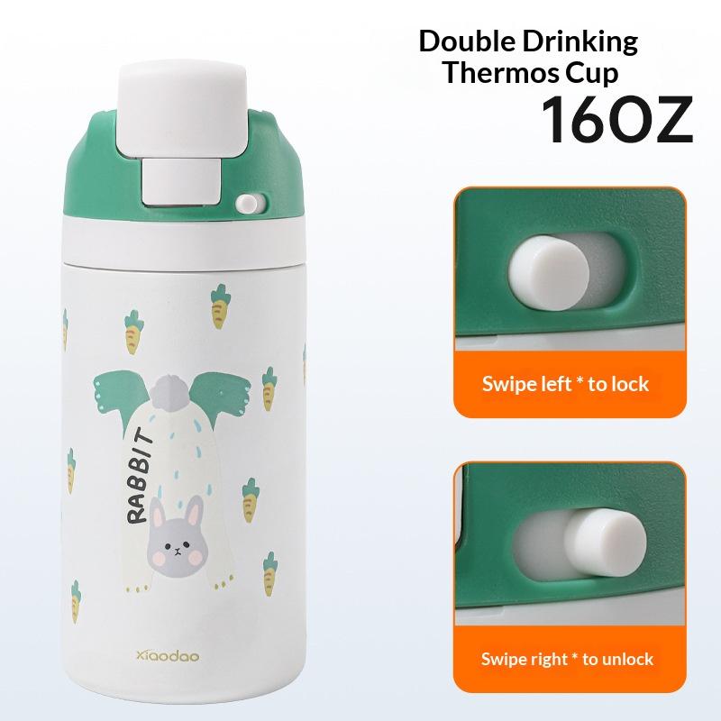 Double Drink Fruit Cup High Aesthetic 304 Stainless Steel Thermos Cup Cartoon Water Bottle For Students With Straw And Jump Lid