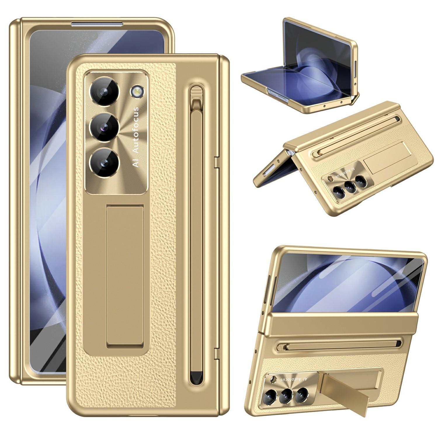 

For Samsung Galaxy Z Fold5 5G Case UV Edge PC+PU+Glass Film Phone Cover with Stylus Gold