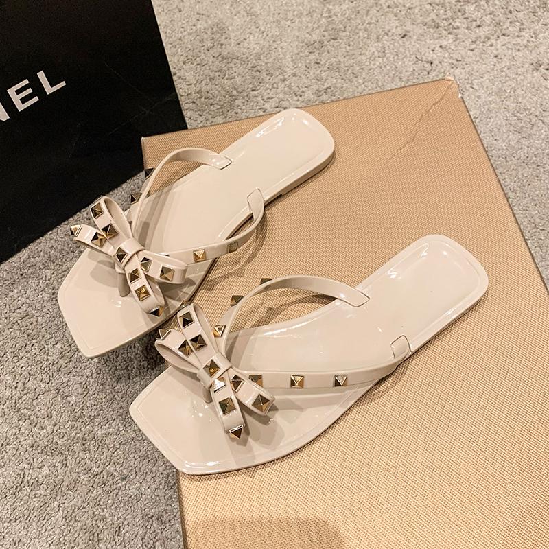 Fashion 2025 Women's New Square Head Rivet Bow Flat Bottom Slippers for  Outwear Beach Slippers and Sandals