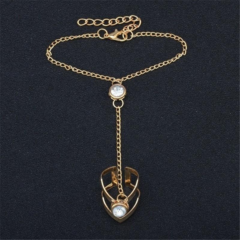 Punk Link Chain Rhinestone Set Ring Connected Bracelets Gold Color Metal Finger Ring Bracelet Hand Harness Fashion Jewelry Women