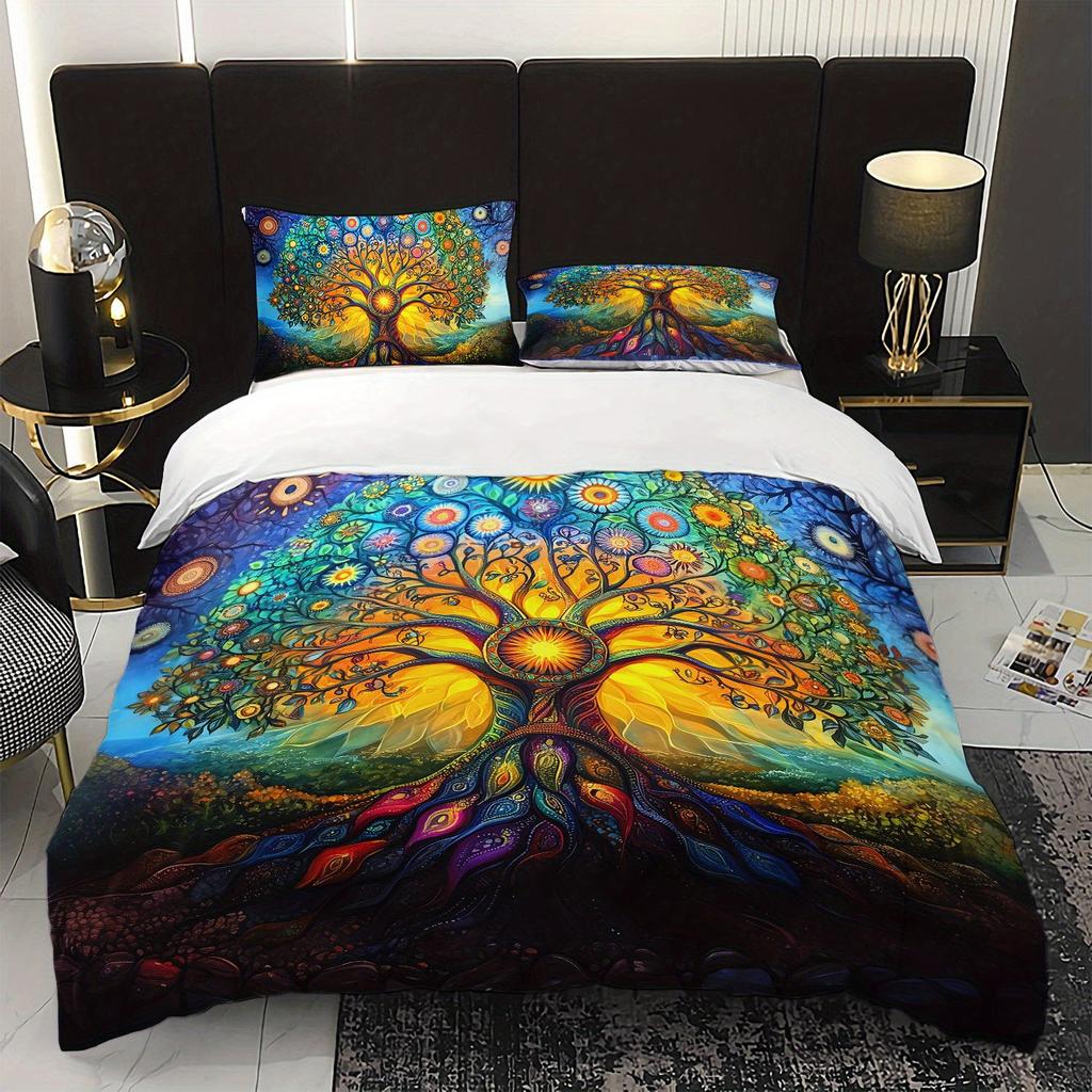 Set di 3 Copripiumini e Trapunte Bohemian Albero della Vita Psichedelico Set Letto a Tema Mandala Vibrante