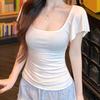 Sexy Pure Desire Slim and Thin Small Flying Sleeve T-shirt Women's Summer Niche Square Collar Solid Color Versatile Top Trendy Ins