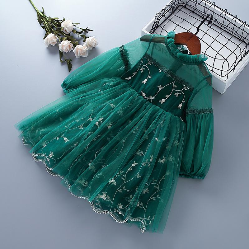 New Girls' Lace Mesh Embroidered Puff Sleeve Dress - Spring & Autumn, Korean Style