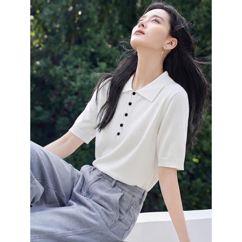 Chushen Women's Polo Neck Knit Short Sleeve Top