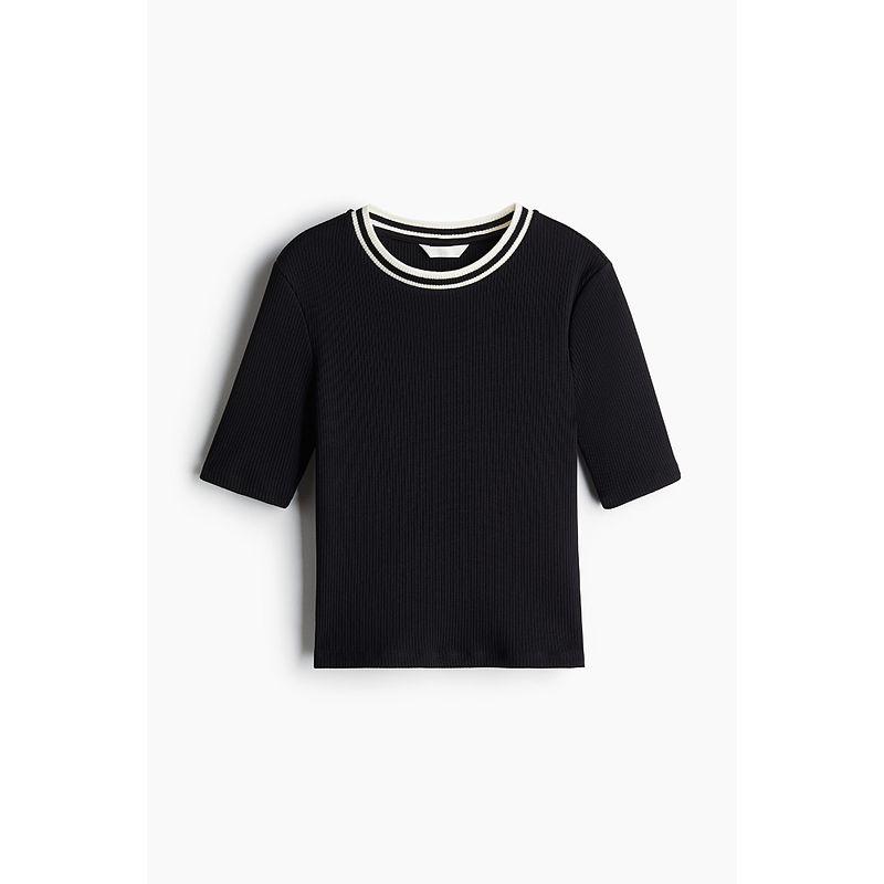 

HM Women s T-shirt 2025 Autumn New Arrival Shoulder Casual round Neck Short Sleeves Silm Straight-leg Hem Tops 1280951 Black 155/76(XXS)