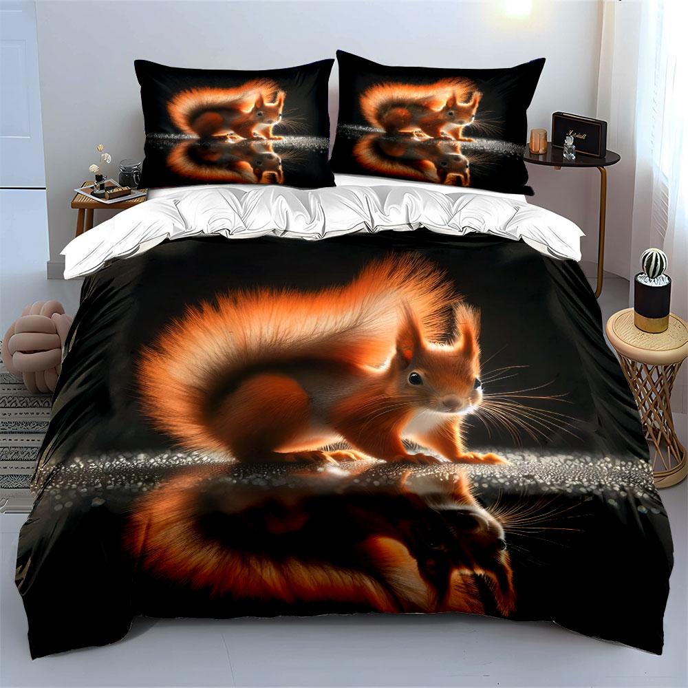 Fluffy Red Squirrel Reflection Printed Duvet Cover Set1 Duvet Cover+2 Pillowcasemulti Size Bedroom Bedding Decor Luxury Gifts