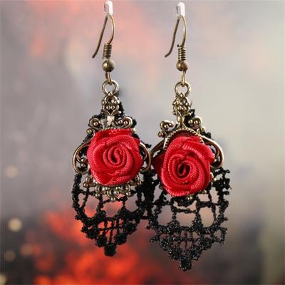 1 Paio Orecchini Pendenti Vintage Gotici di Halloween Pizzo Nero Fiori Rossi AVE