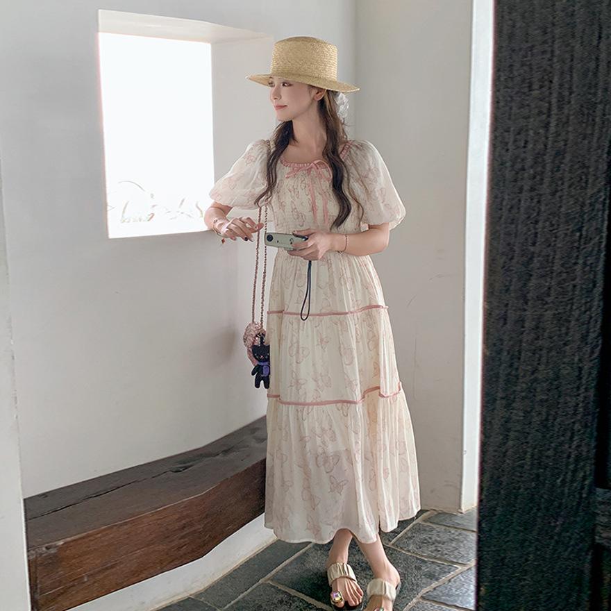 Bubble Sleeve Dress Women's Summer New Waist Thin Sweet Long Skirt