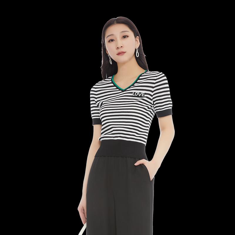 

Women s Striped V-Neck Short Sleeve Knit Top M