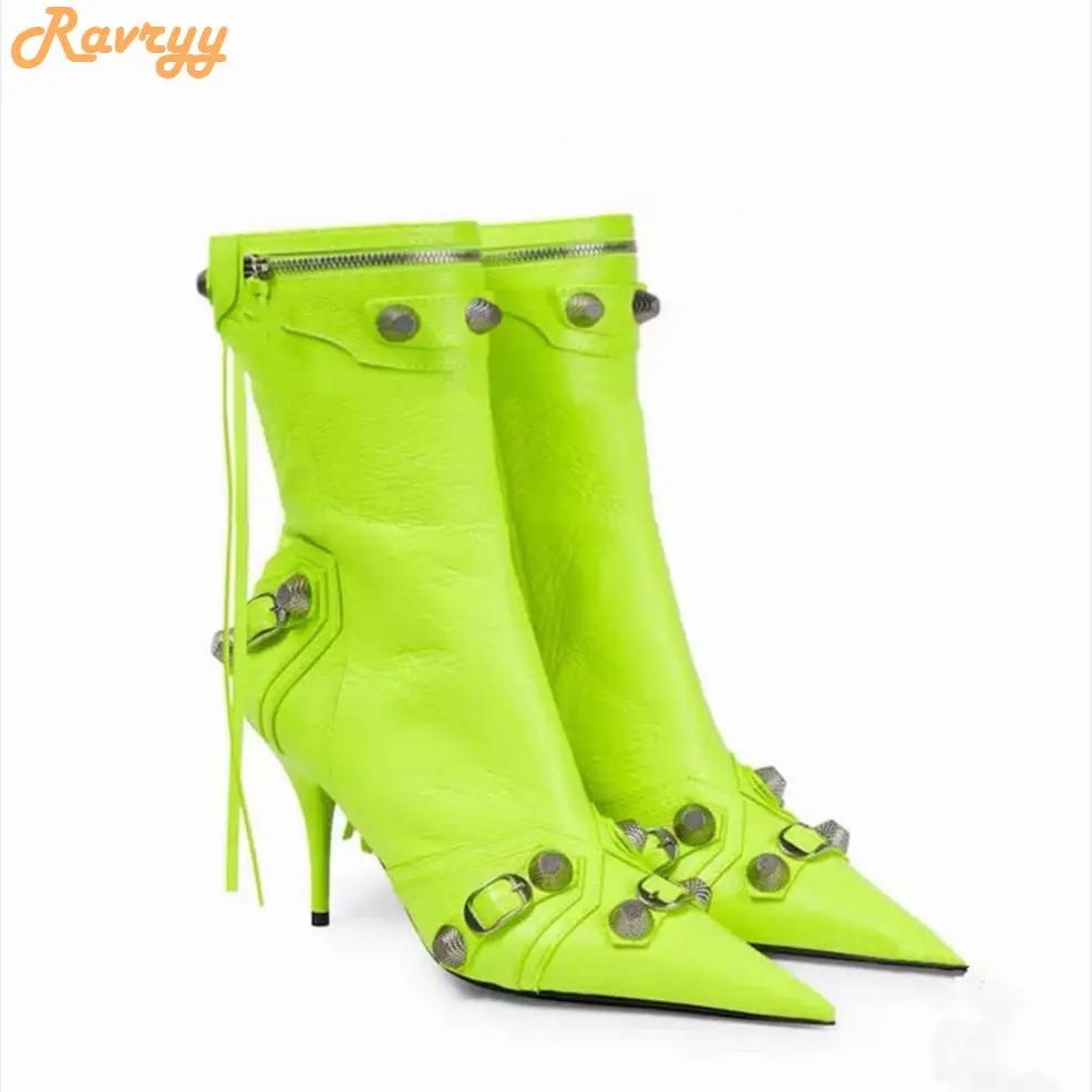 Fashion Women New Rivet Fringe Boots Metal Zipper Motorcycle Boots Belt Buckle Pointed Toe Knee High Shoes Aged-silver Studs Boots