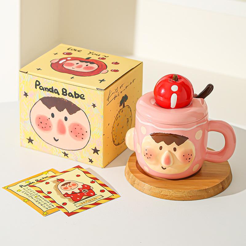 Creative Funny Ceramic Cup Mug with Lid Spoon for Home Use Strange Water Cup for Girls Office Breakfast Cup