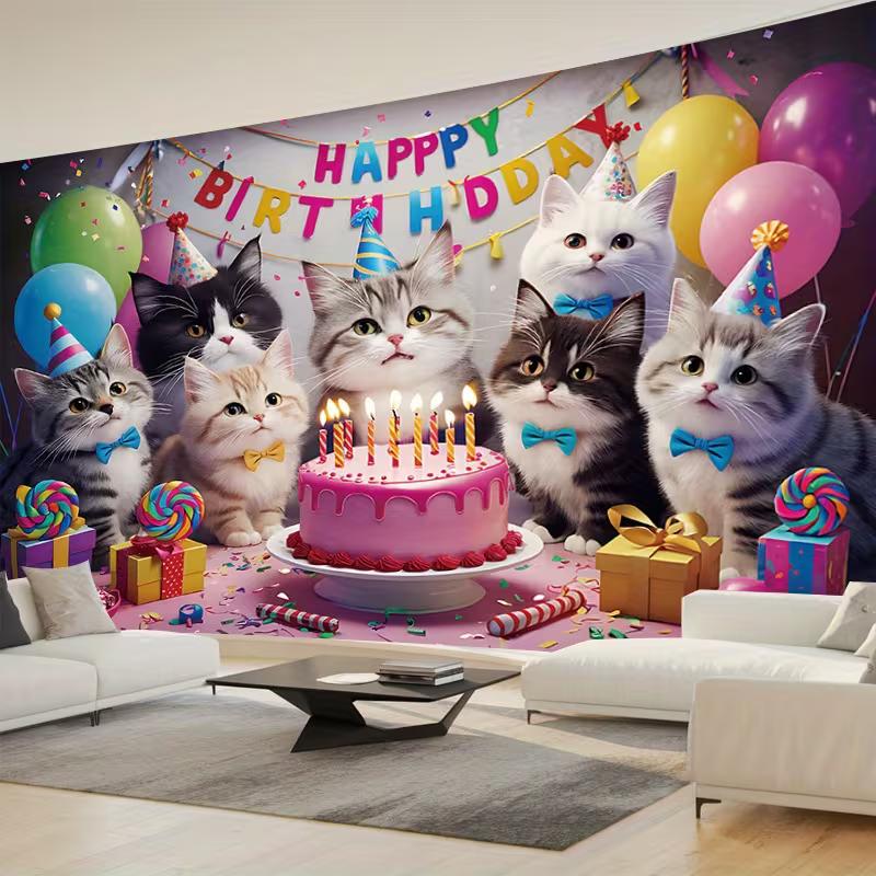 

2D Happy Birthday Cats Themed Backdrop with Party Hats & Balloons 47.2x31.5inch/120*80cm