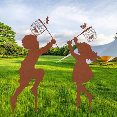 1 Pair Silhouette Art Model Little Boy Girl Shape Character Silhouette Art Ornament Garden Decor Stakes Sculpture Lawn Yard Decoration