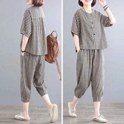 Large Size T-shirt Long Pants Two-piece Short-sleeved Tops Long Pants Loose Casual Retro Two-piece Cotton Two-piece Women's Clothing