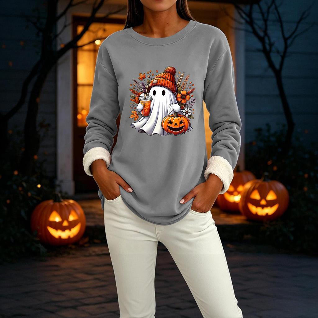 Women's Long Sleeve Pullover Round Neck Halloween Print Winter Casual Top
