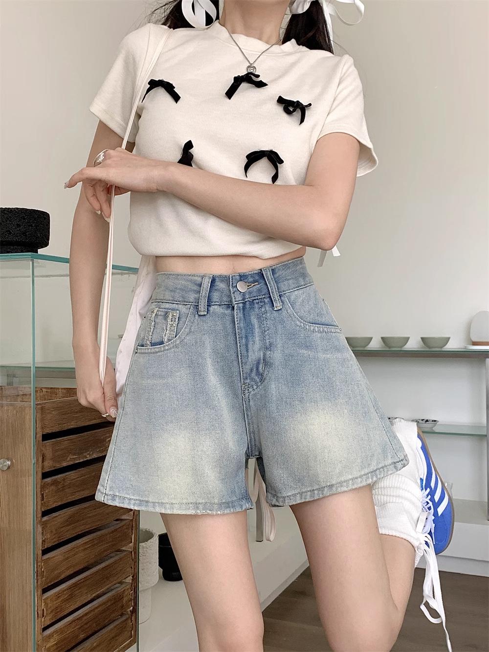 

Blue High-Waisted Straight Leg Wide A-Line Shorts for Women, Plus Size, Slimming Fit - Summer 2025 Large светло-синий