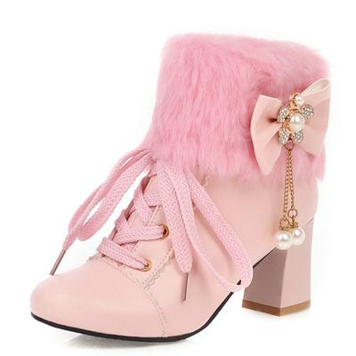 Fashion Boots Women Pink White High-heeled Short Boots Womens Autumn and Winter Plush Butterfly-knot Thick Heel Women's Boots Plus Size