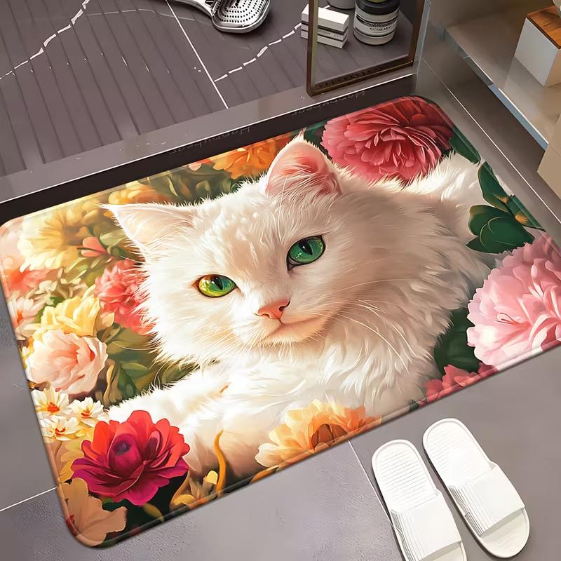Cozy Cat Door Mat Cute Cartoon Kitten Flowers Pattern Entrance Rug Soft Non-Slip Welcome Mat for Pet Lovers Home Decor