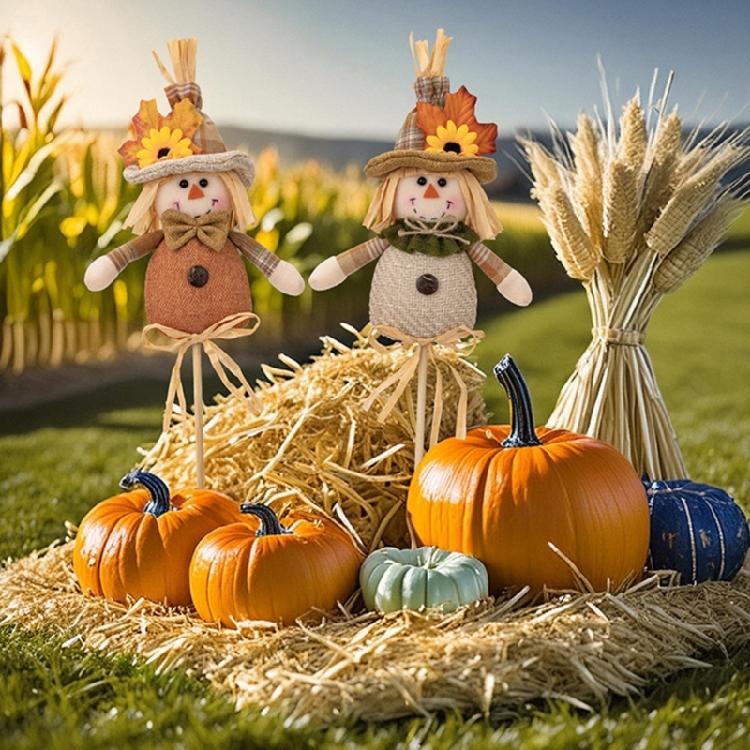 2Pcs Handmade Straw Scarecrow Stick Puppets Thanksgiving Theme Tabletop Display Statue Garden Straw Dolls Accessories