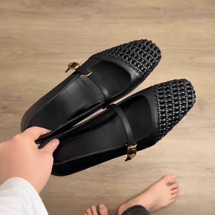 2025 new French woven hollow square head Mary Jane shoes women's word with thick heel soft sole commuting versatile single shoes