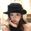 French Hepburn Style Elegant Black Top Hat Female Autumn and Winter Retro Face Small Curling Edge Tweed Hat Bucket Hat