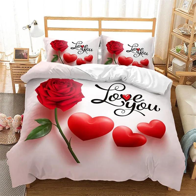 Romantische Zachte Dekbedovertrek Microvezel Rozen Bloemen Comfortabele Dekbedhoes 3D Liefdeshart Beddengoed Set King Voor Jonge Meisjes Koppels Bruiloft Valentijn Cadeaus 135*200cm Eu-Single