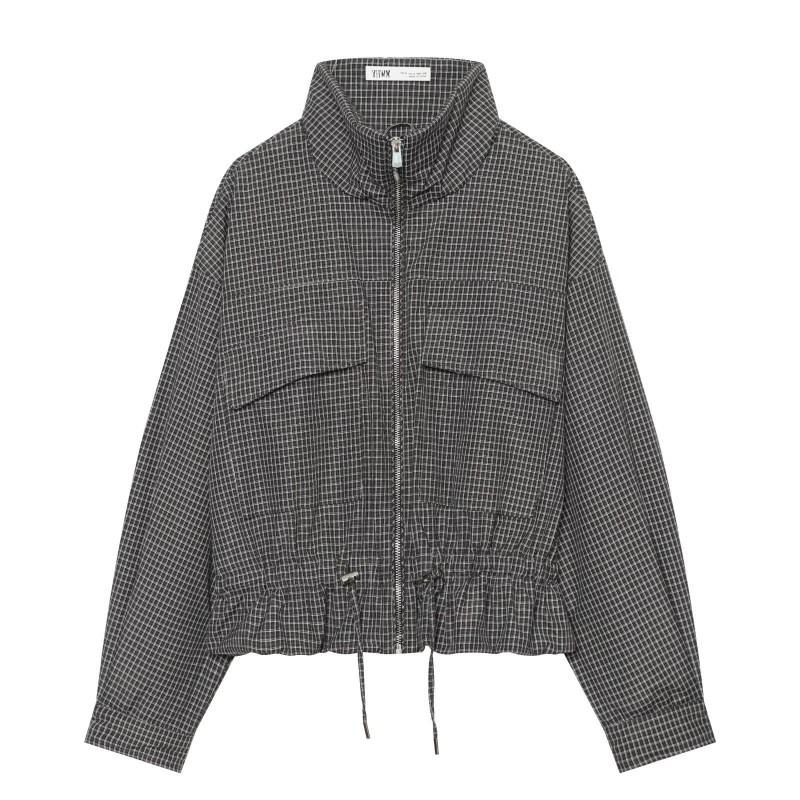 Womens Vintage Plaid Stand Collar Jacket Casual Fashion Short Outerwear