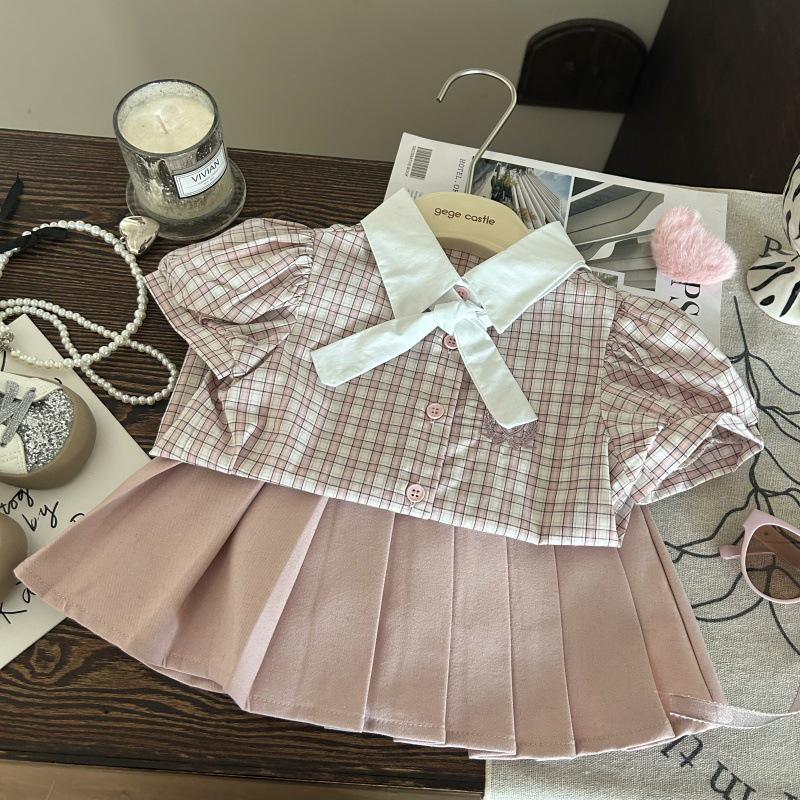 

2025 Girls Korean Academy Style Plaid Shirt & Pink Pleated Skort Set 80 cm