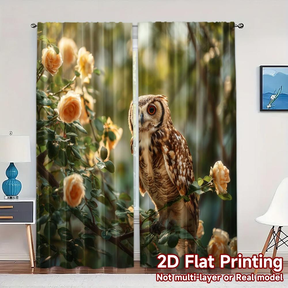 

Set Of 2 Flat Printing Curtains Without Rod Blossom Owl Roller Blinds Semi Decorations Inside Modern Sheer Made Polyester W100*H70(CM)-Rod Pocket&2PCS