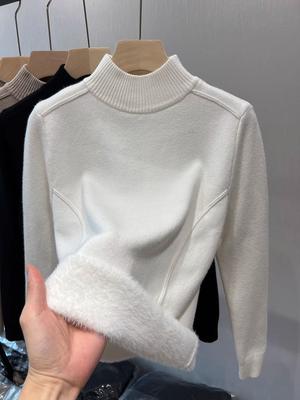 Vintage Fleece Thickened Turtleneck Sweater Women's Autumn Winter Solid Design Fashion Warmth Integrated Velvet Inner Pullover Base Tops