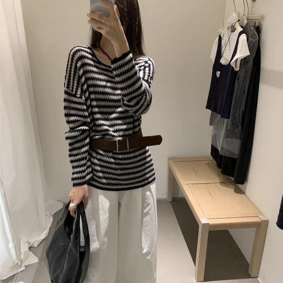 Korean Autumn 2025 Striped Off-Shoulder Knit Sweater with Belt One Size