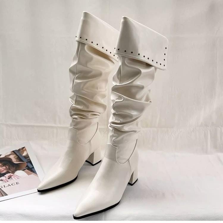 

European and American style pointed-toed pleated high-heeled piled boots women s 2024 autumn and winter thick-heeled boots, rivets but knee boots 40