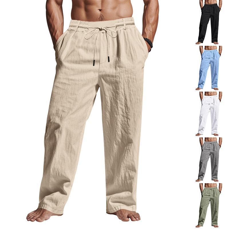 Men American Drawstring Simple Solid Color Casual Linen Cotton Straight Long Pants