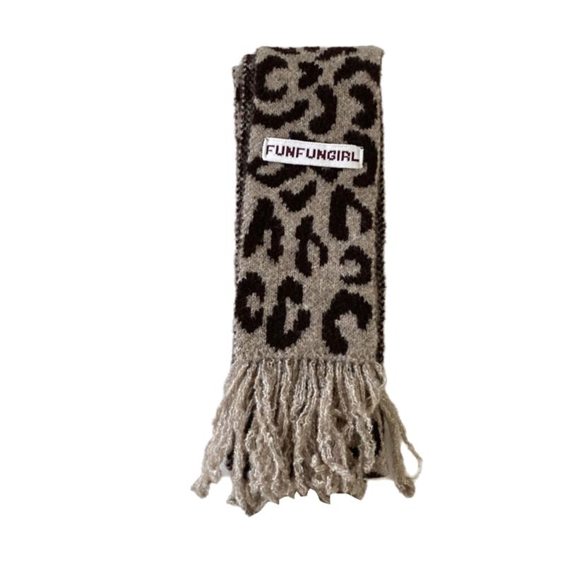Vintage Leopards Print Tassels Scarf Soft Acrylic Neckerchief Warm Fashion Scarves for Women Warm Accessory