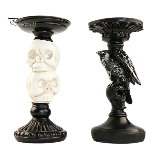 Vintage Gothic Table Centerpiece Halloween Candlestick Holder Decoration, Raven Skull Candle Holder, Spooky Decor for Home Taper Stand Tabletop