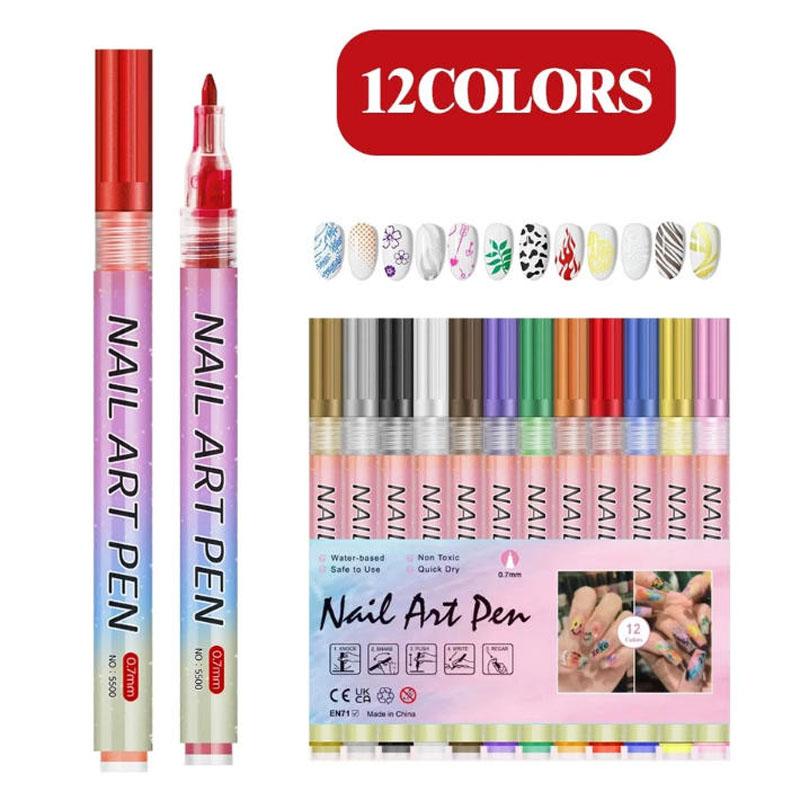 12Pcs Nail Art Pen Marker Set - 0.5mm Fine Tip for Precise Graffiti Drawing