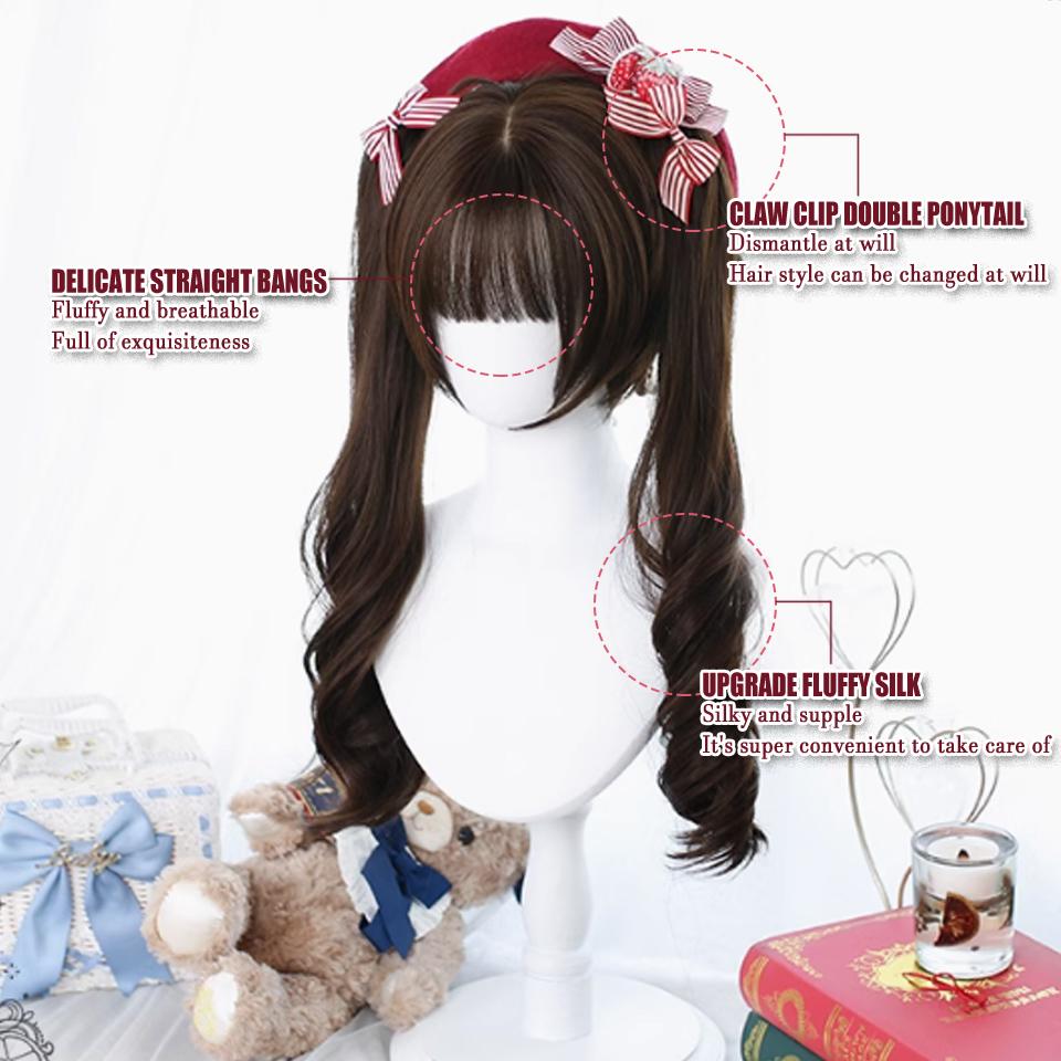 WTB Curly Hair Double Ponytail Synthetic Wig Female Cute Daily Lolita Cartoon Straight Bangs Double Ponytail Long Curly Hair