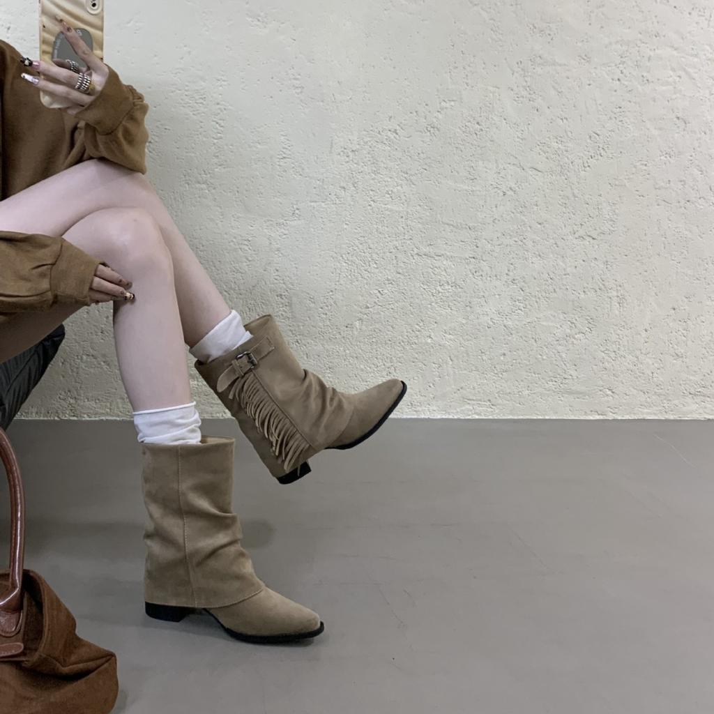 European and American retro suede fringed thick heel medium boots women's autumn and winter new niche belt buckle fashionable versatile trouser 