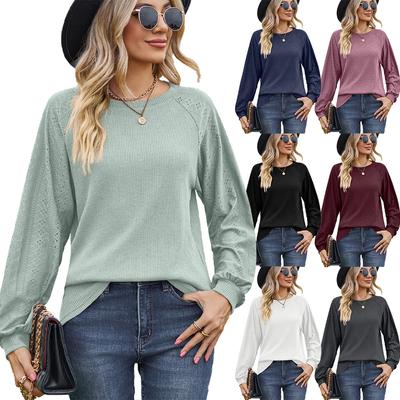 2024 European And American Autumn/Winter New Solid Color Round Neck Splicing Loose Long Sleeve T-Shirt Top For Women