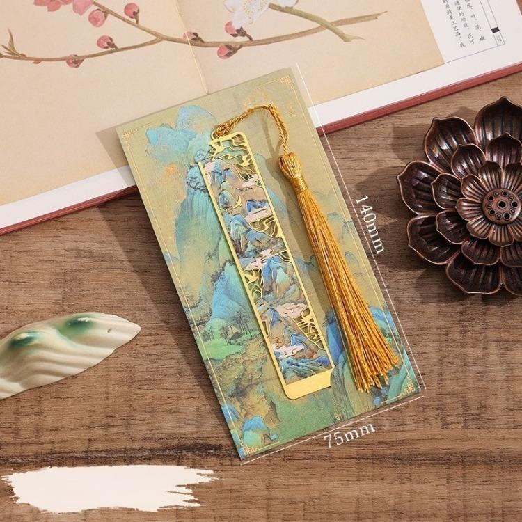 Traditional Chinese Brass Bookmark with Tassel Elegant Laser Cut Metal Page Marker Ancient Style Landscape Reading Accessories